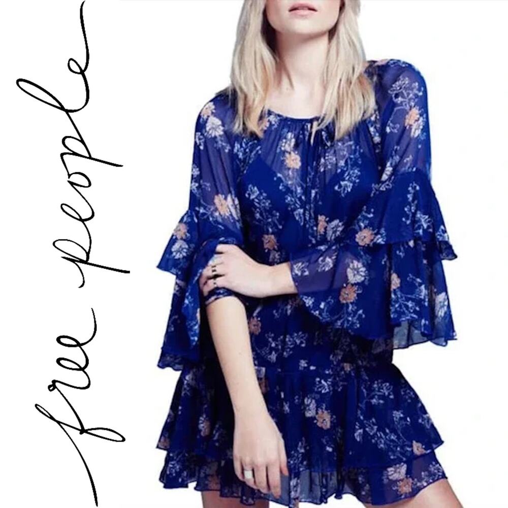 FREE PEOPLE Floral Blue & Orange Tiered Ruffled Mini Dress / Floral Tunic Shirt